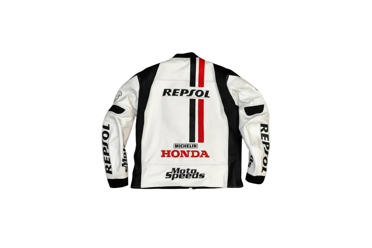 Detailed view of the Repsol and Honda chest branding, sponsor logos, and professional leather construction on a racing jacket.
