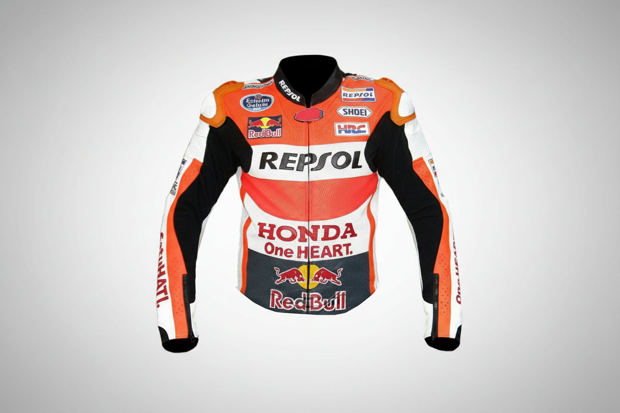 Honda Repsol black, orange, and white leather motorcycle racing jacket with HRC branding and integrated armor.