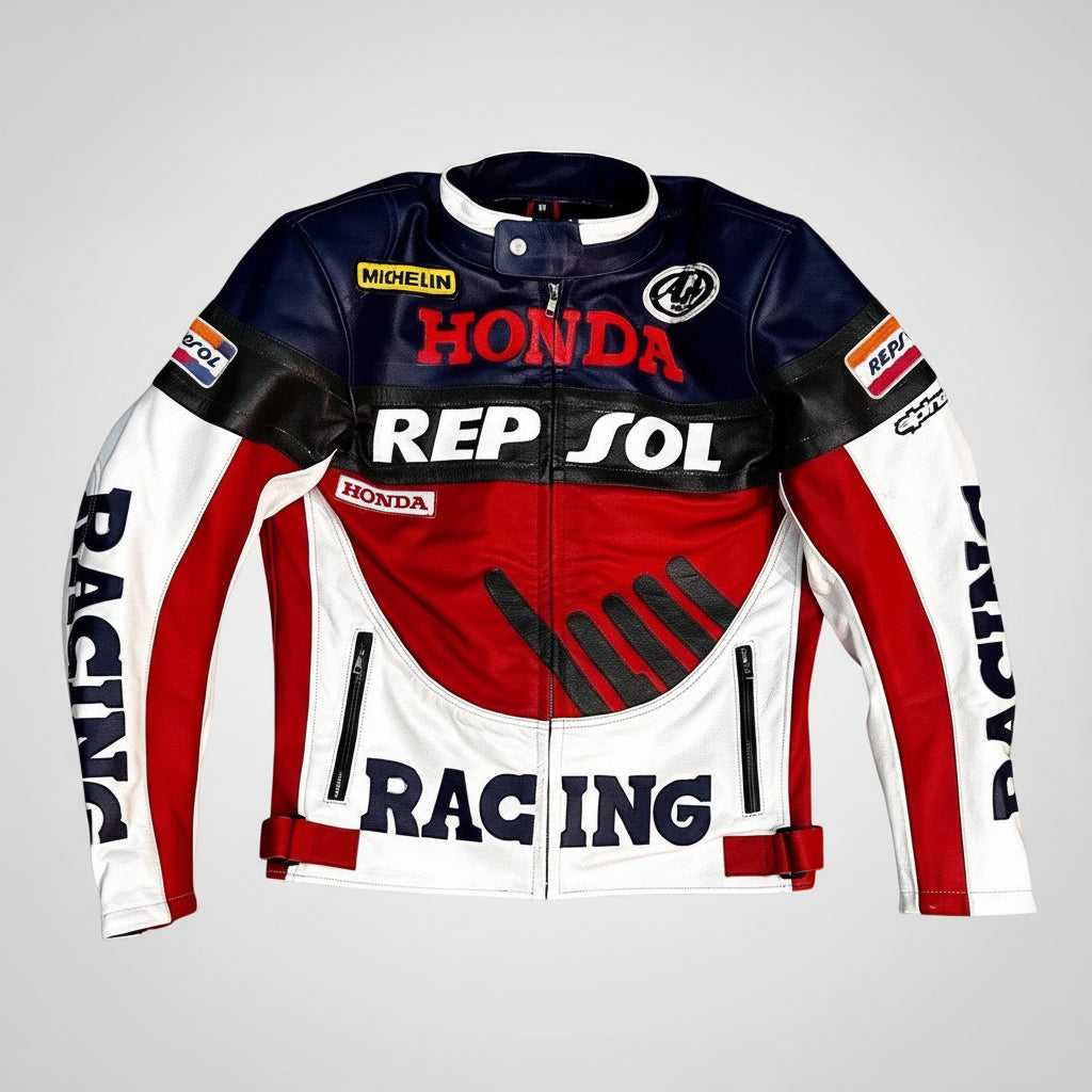 Honda Repsol black, red, and white leather motorcycle racing jacket with HRC branding and integrated armor.