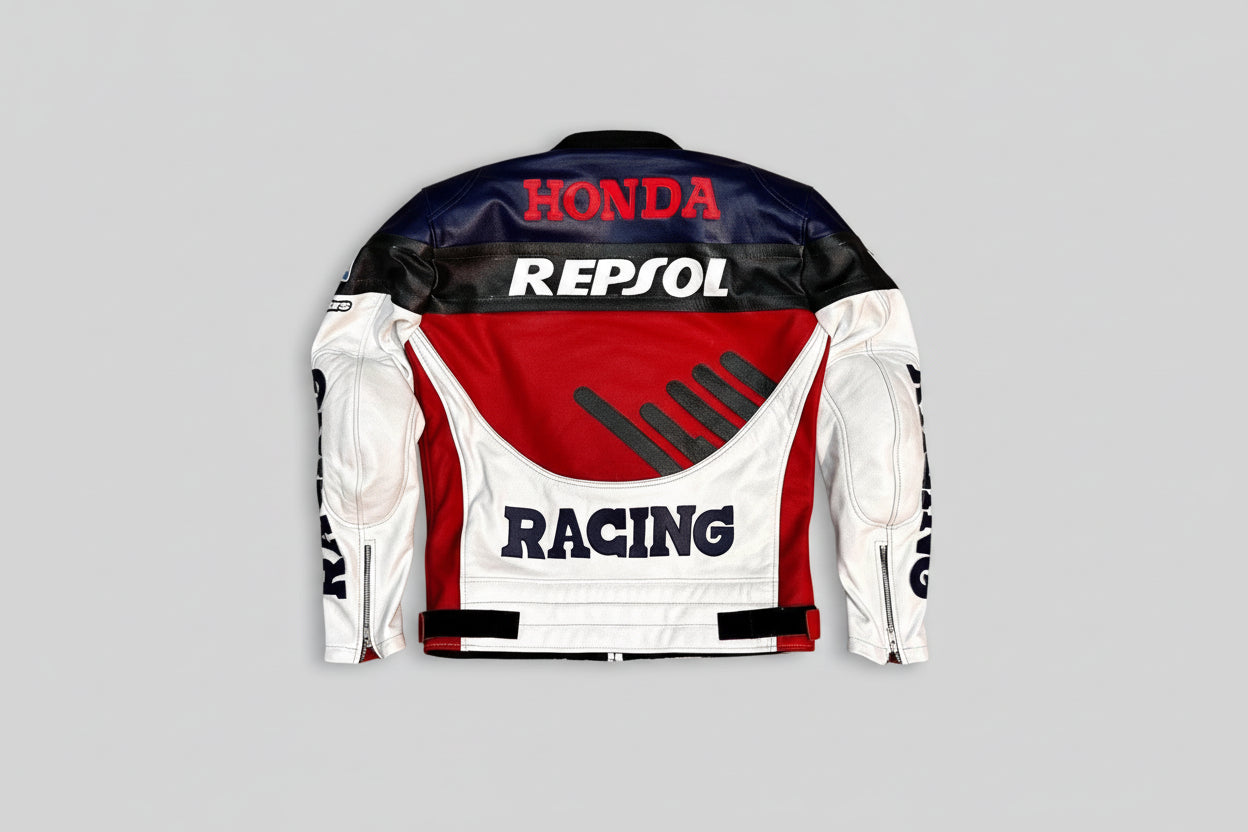 Detailed view of the Repsol and Honda chest branding, sponsor logos, and professional leather construction on a racing jacket.