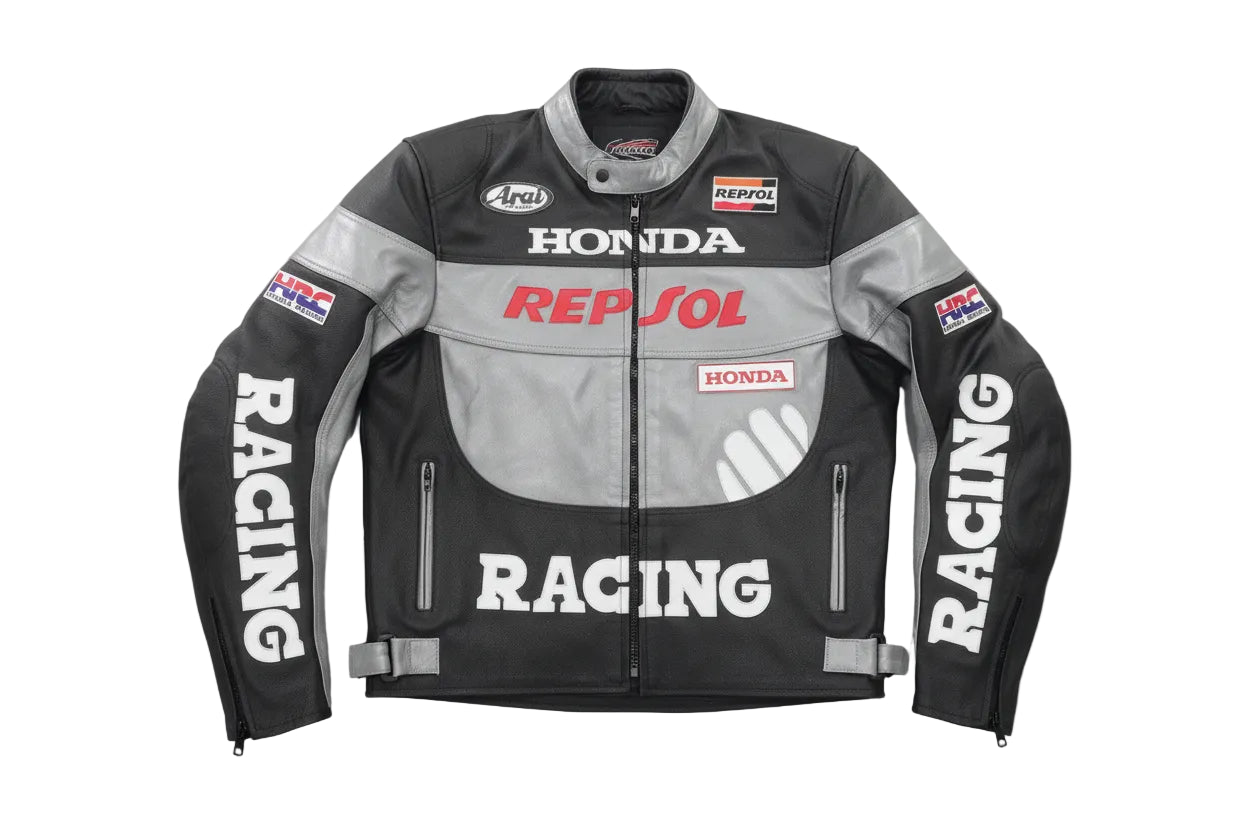 Honda Repsol black, red, white, and grey leather motorcycle racing jacket with HRC branding.