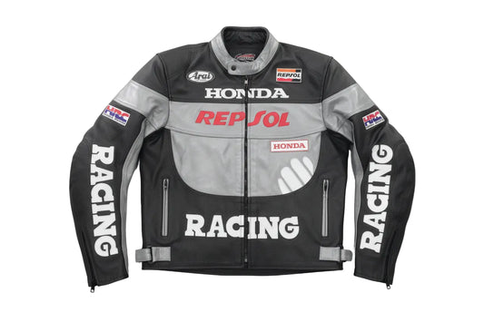 Honda Repsol black, red, white, and grey leather motorcycle racing jacket with HRC branding.