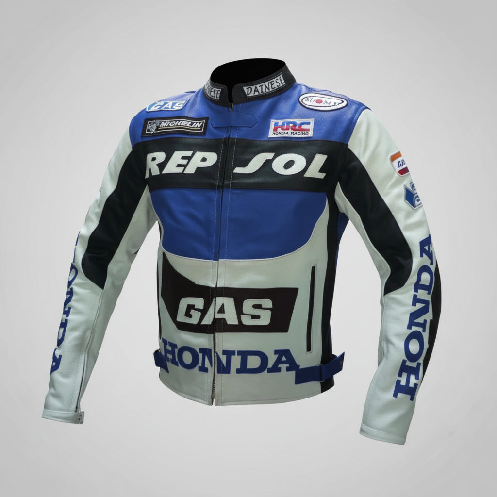 Honda Repsol black, red, white, and blue leather motorcycle racing jacket with HRC branding and integrated armor.