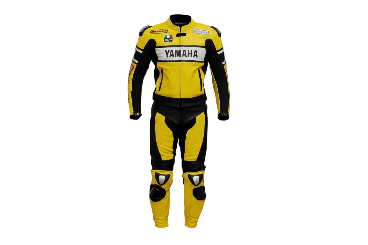 Yamaha Factory Racing yellow and black leather motorcycle suit with integrated armor and Michelin sponsor logos.