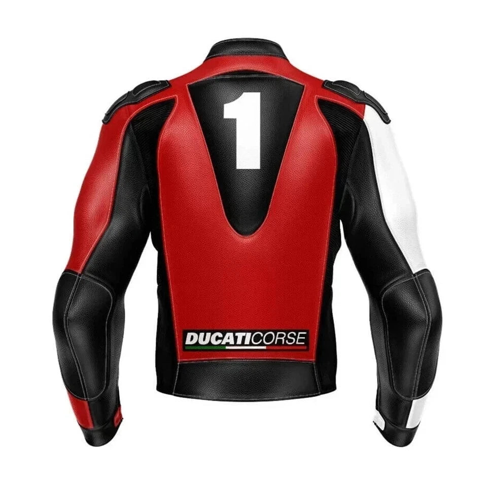 Detailed view of the Ducati Corse white chest panel, red racing sleeves, and external hard-shell shoulder.