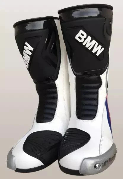 BMW Motorrad Alpine White and black leather motorcycle racing boots.