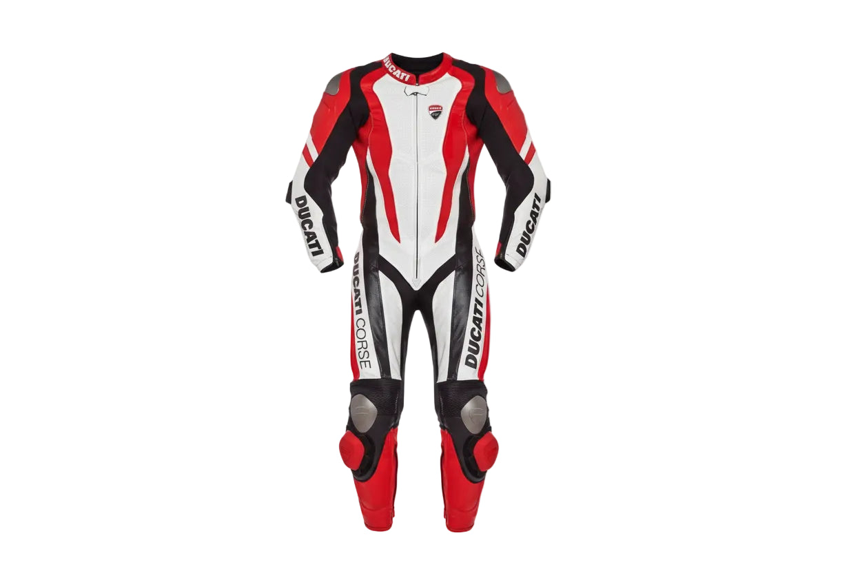 Ducati Corse one-piece leather racing suit in red, black, and white with professional armor and track sliders.