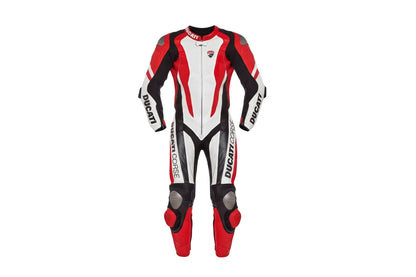 Ducati Corse one-piece leather racing suit in red, black, and white with professional armor and track sliders.