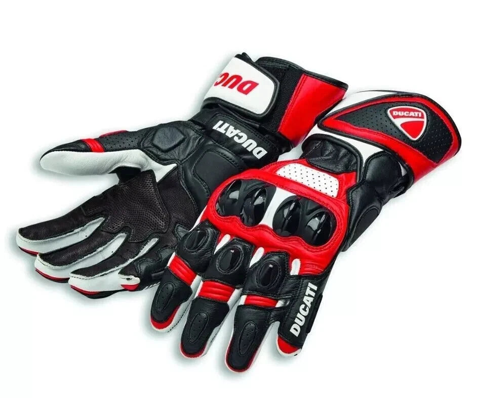 Ducati leather motorcycle racing gloves in red and black with multi-pod knuckle armor.