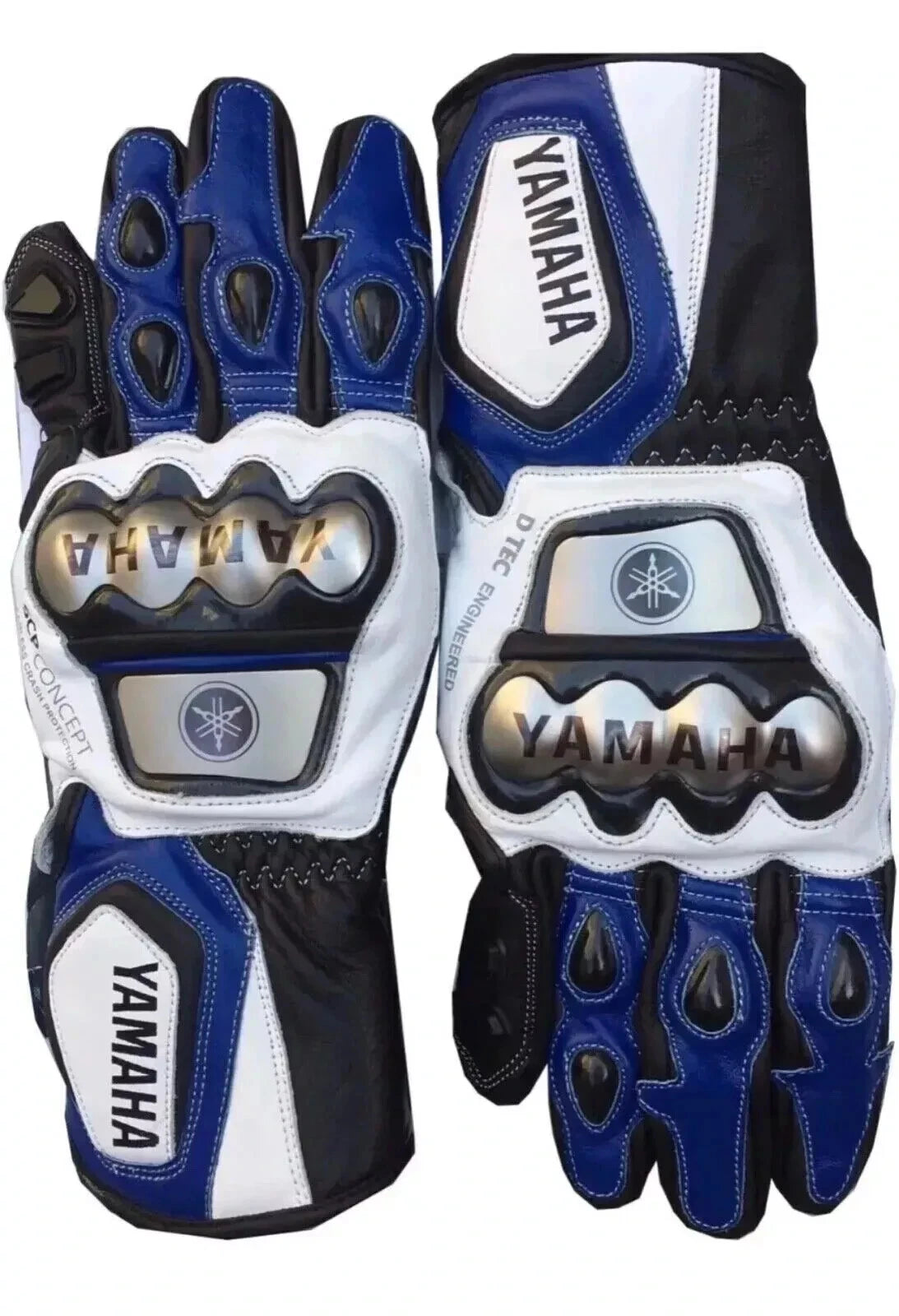 Yamaha Racing factory leather motorcycle gloves in blue and white with metallic knuckle armor.