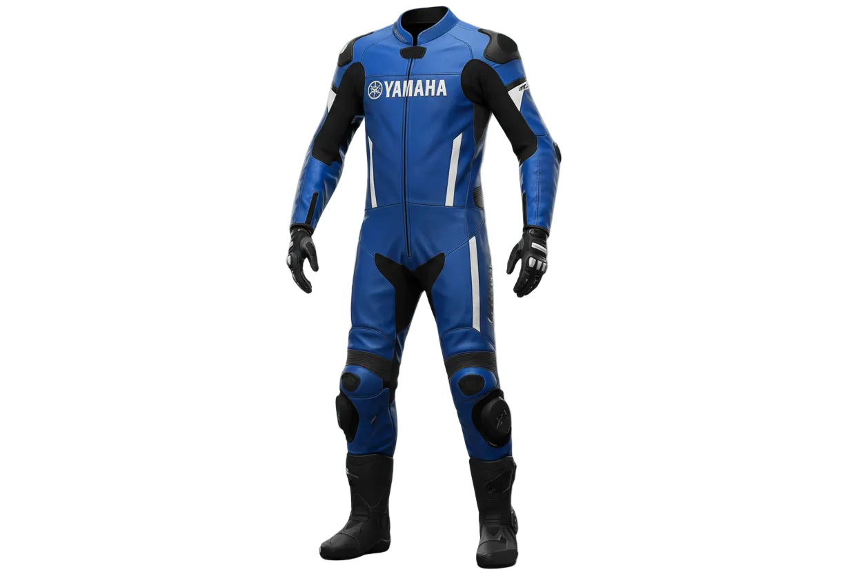 Yamaha Factory Racing black and blue leather motorcycle suit with integrated armor and aerodynamic speed hump.