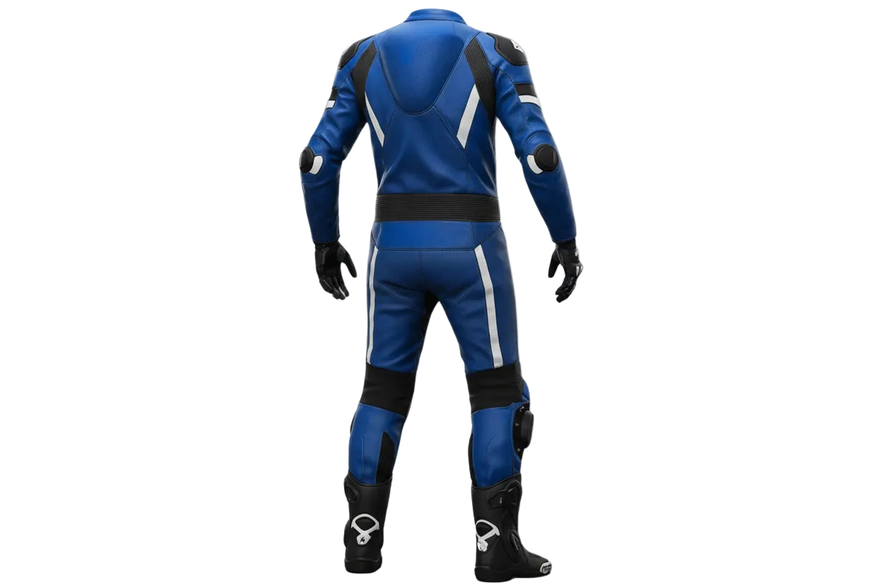 Detailed view of the Yamaha chest branding, external knee sliders, and blue technical graphics on a professional one-piece racing suit.