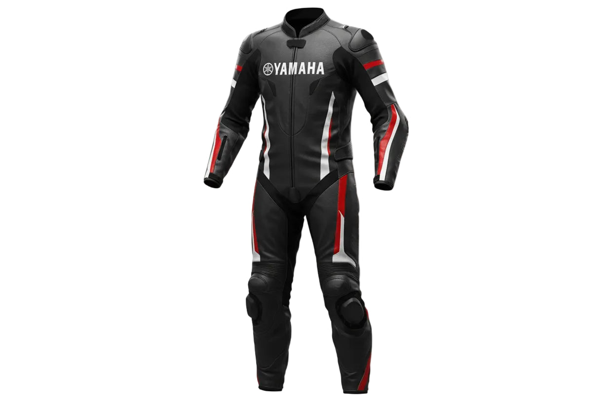 High-performance Yamaha motorcycle suit featuring a vibrant 'Race black' technical livery and professional-grade knee sliders."