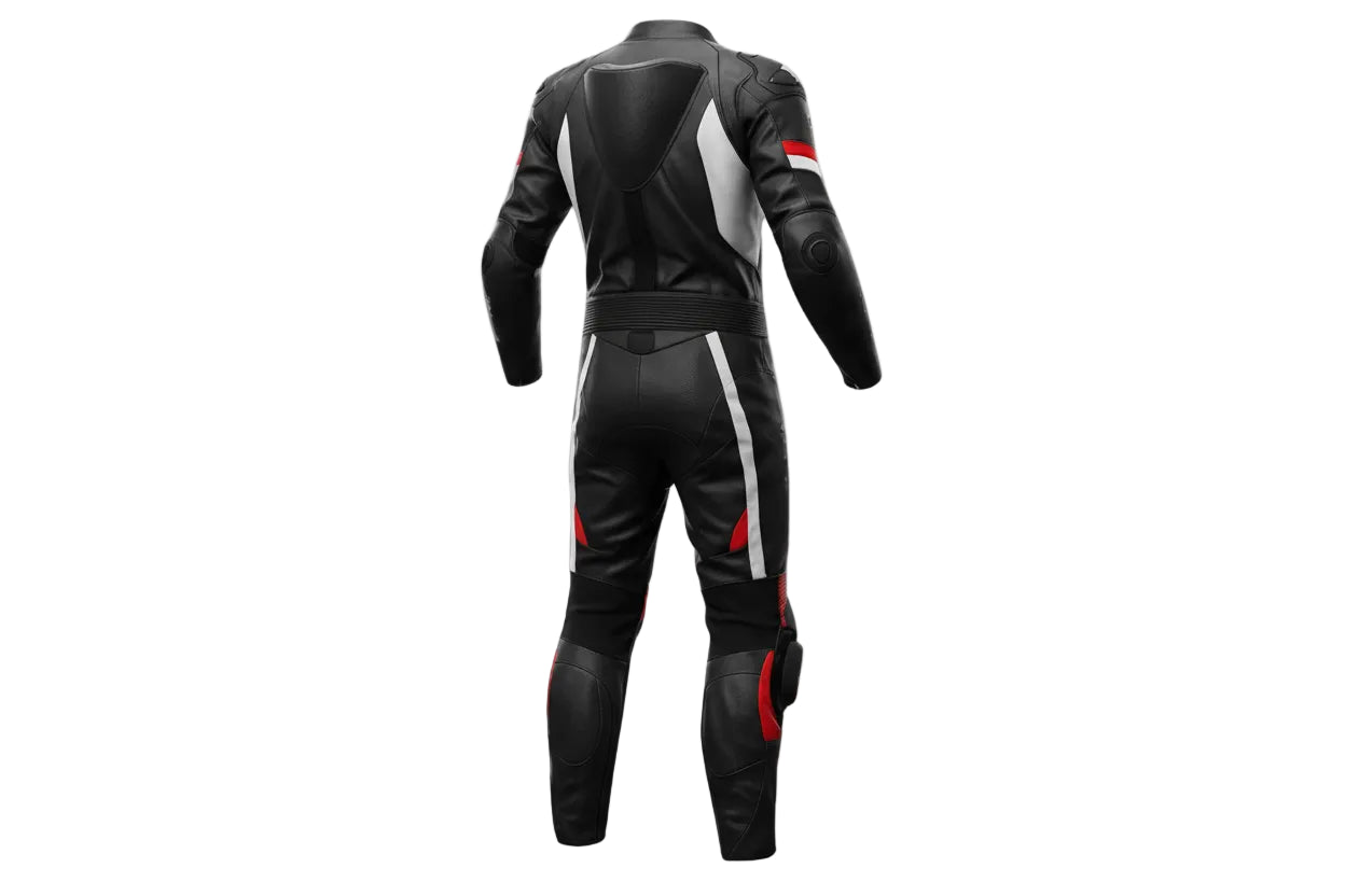amaha Factory Racing red and black leather motorcycle suit with integrated armor and aerodynamic speed hump