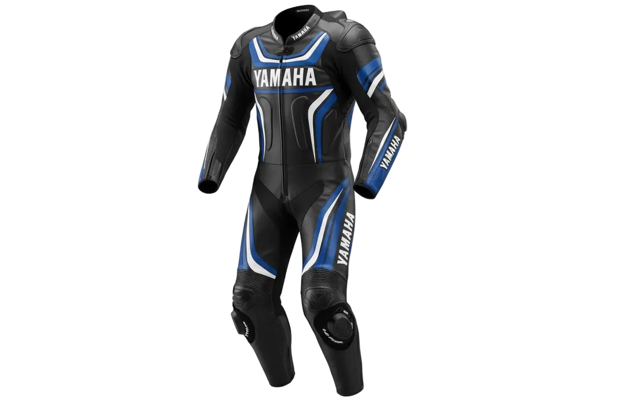 Yamaha Factory Racing black, blue, and white leather motorcycle suit with integrated armor and aerodynamic speed hump.