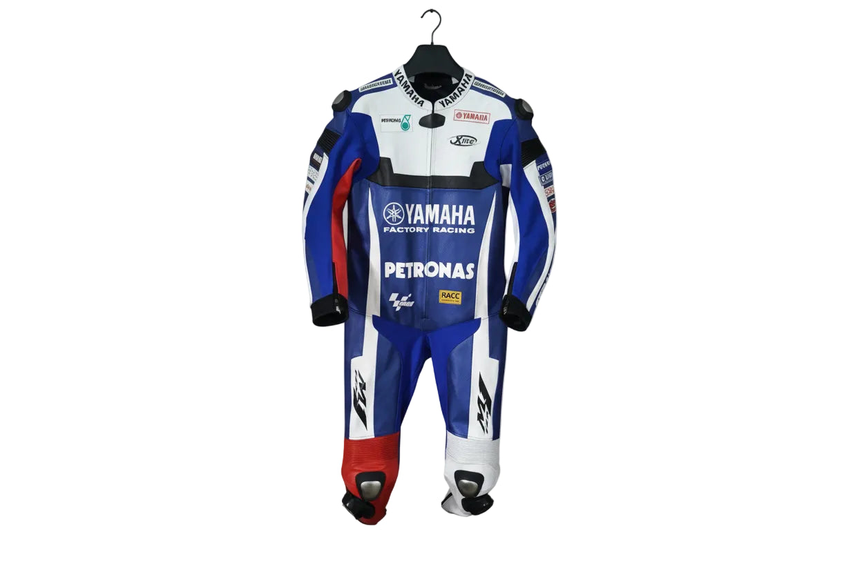 Yamaha Factory Racing blue, white, and black leather motorcycle suit with Petronas and M1 logos.