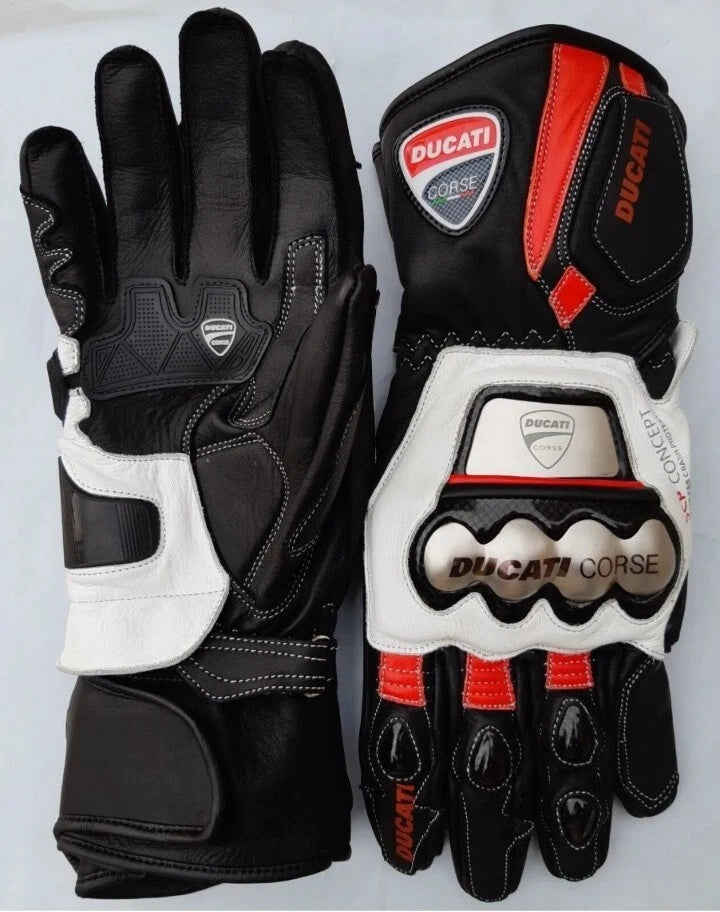Ducati Corse leather motorcycle racing gloves in black, white, and red with metallic knuckle armor.