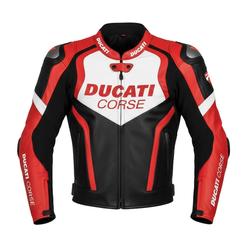 Ducati Corse black, red, and white leather motorcycle racing jacket.