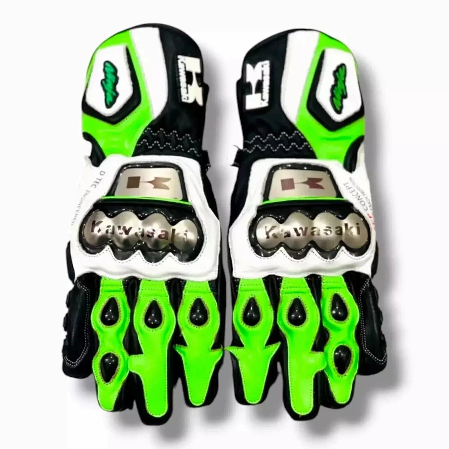 Kawasaki Ninja factory racing leather motorcycle gloves in lime green and black with metallic knuckle armor.