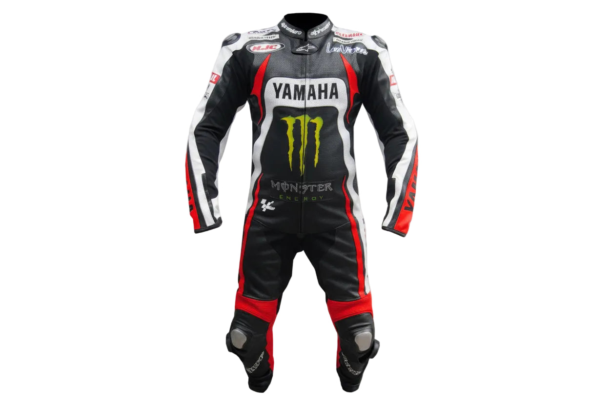Yamaha Factory Racing black, white, and red leather motorcycle suit with integrated armor and factory livery.