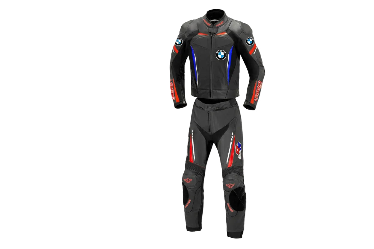 BMW Motorrad TAS Racing white, blue, and red leather motorcycle racing suit with integrated armor and Tyco sponsor logos.