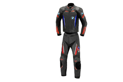 BMW Motorrad TAS Racing white, blue, and red leather motorcycle racing suit with integrated armor and Tyco sponsor logos.