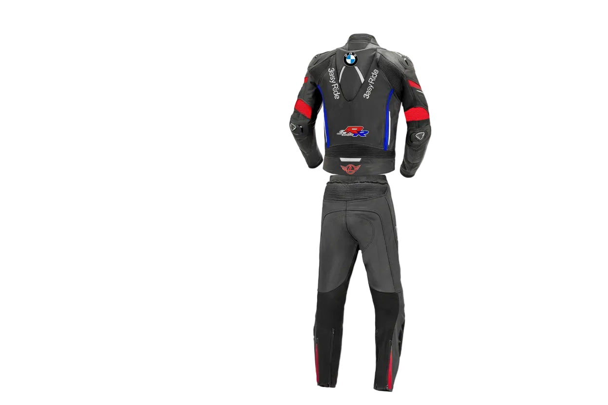 Detailed view of the BMW M roundel,  and Racing sponsor patches, and white accordion stretch sections on a professional racing suit.