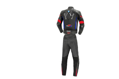 Detailed view of the BMW M roundel,  and Racing sponsor patches, and white accordion stretch sections on a professional racing suit.