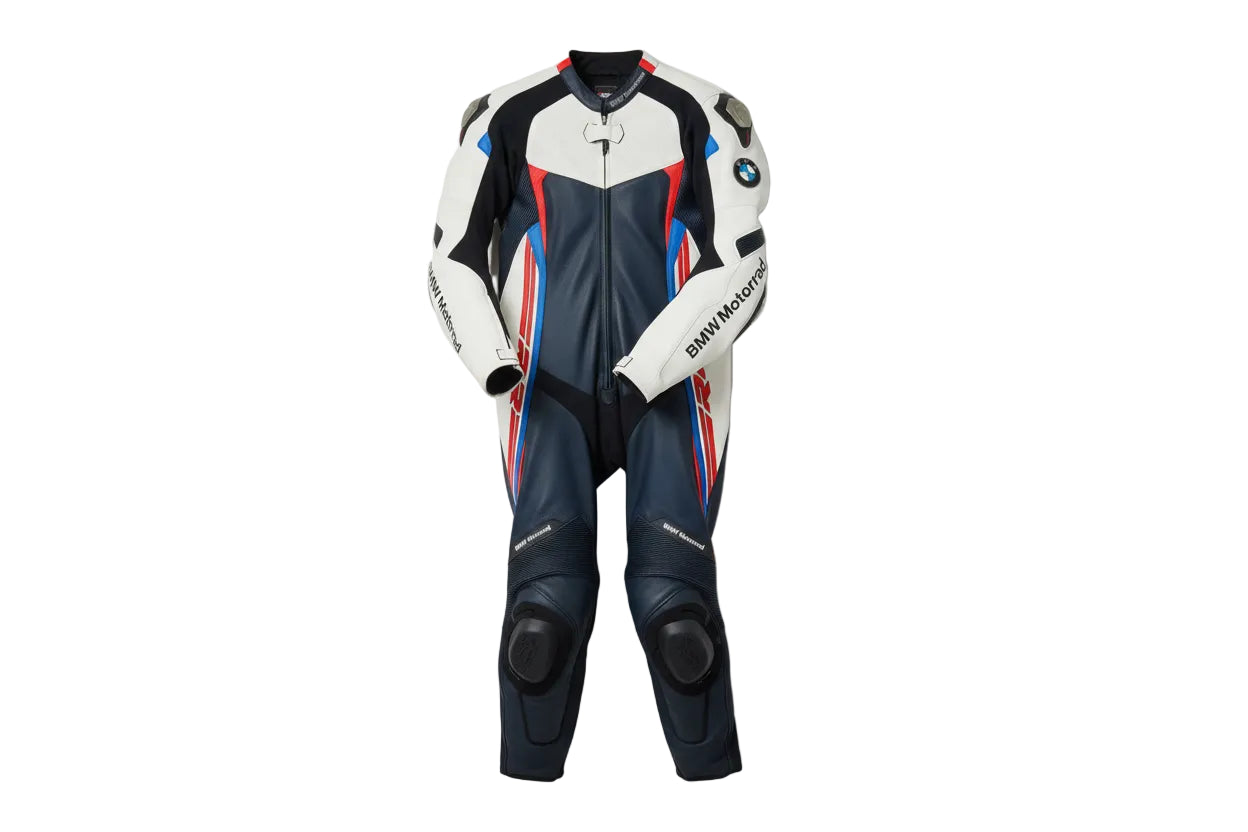 BMW Motorrad white, blue, and red leather motorcycle racing suit with S1000RR branding and integrated armor.