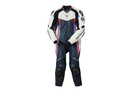 BMW Motorrad white, blue, and red leather motorcycle racing suit with S1000RR branding and integrated armor.