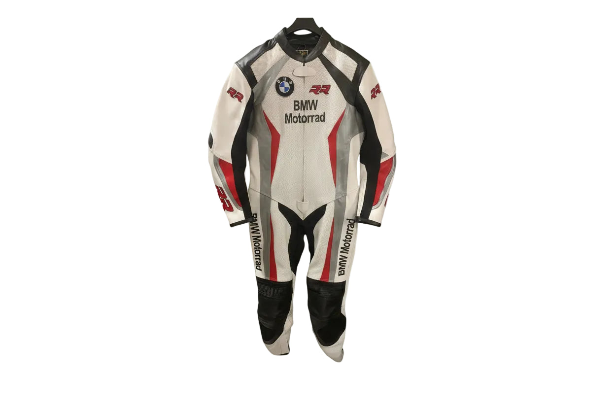 BMW Motorrad white, black, and red leather motorcycle racing suit with S1000RR branding and integrated armor.