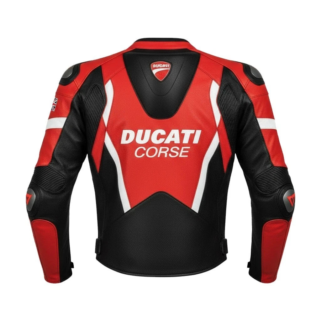 Detailed view of the Ducati Corse white chest panel, red sleeves, and external hard-shell shoulder on a professional racing jacket.