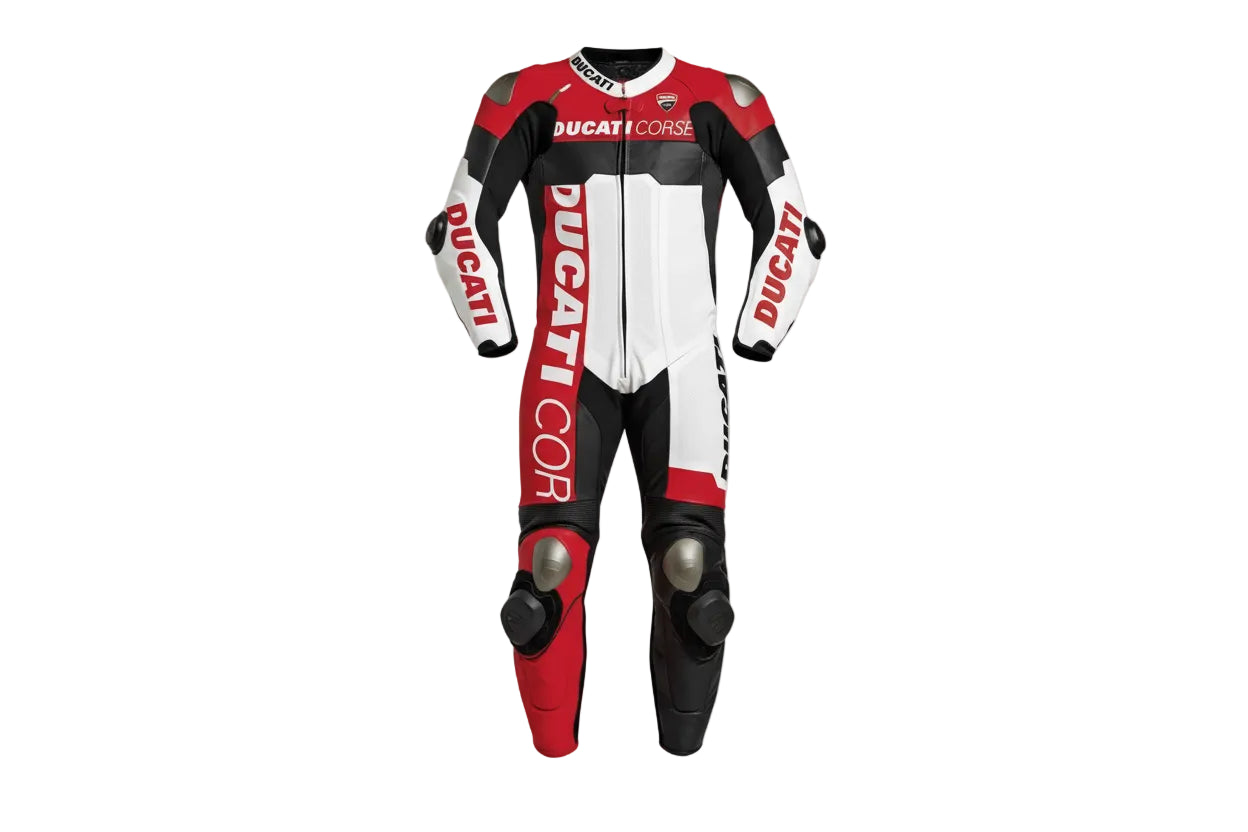 Ducati Corse white, red, and black one-piece leather motorcycle racing suit with professional branding and integrated armor.