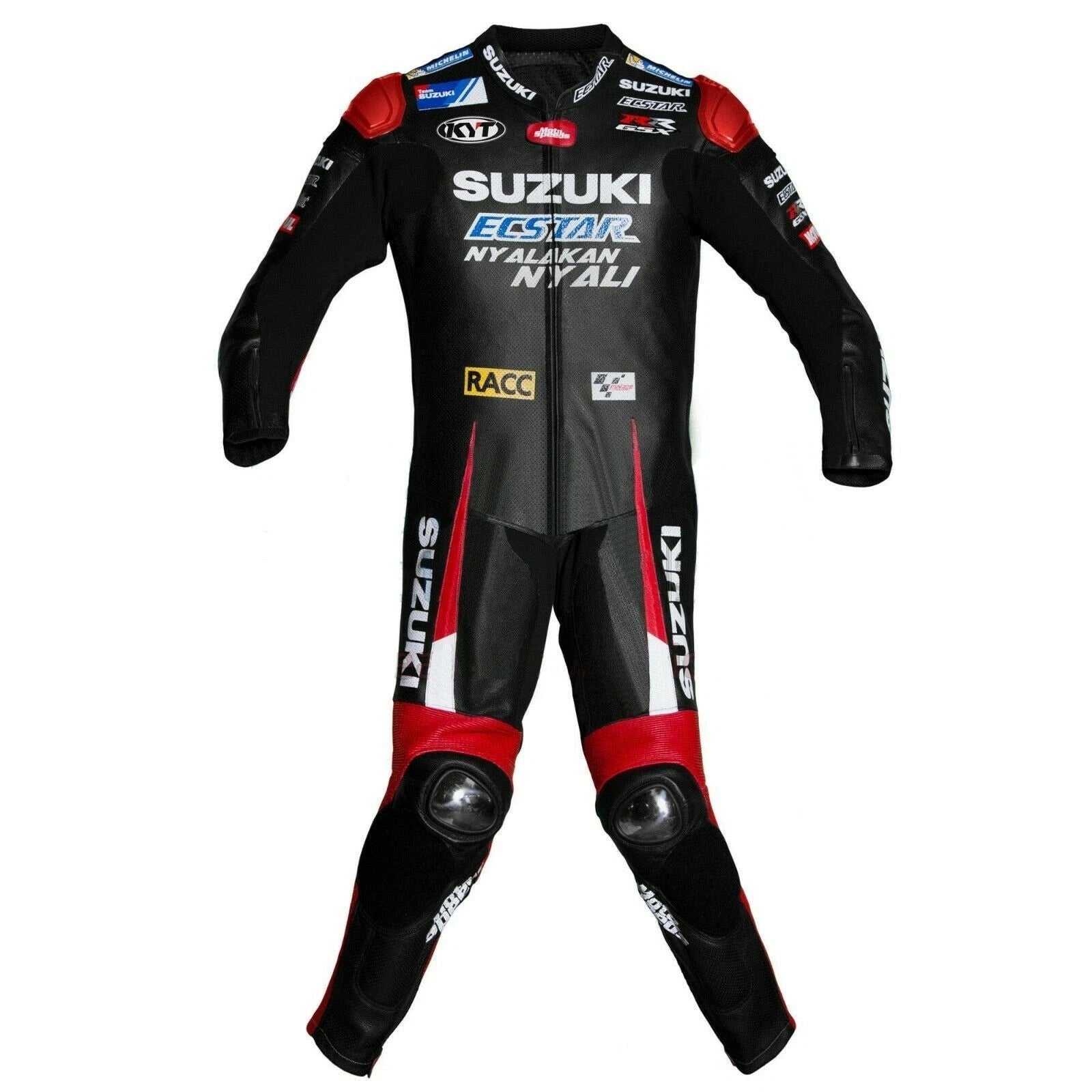 Suzuki ECSTAR one-piece leather racing suit in black and red with professional MotoGP armor.