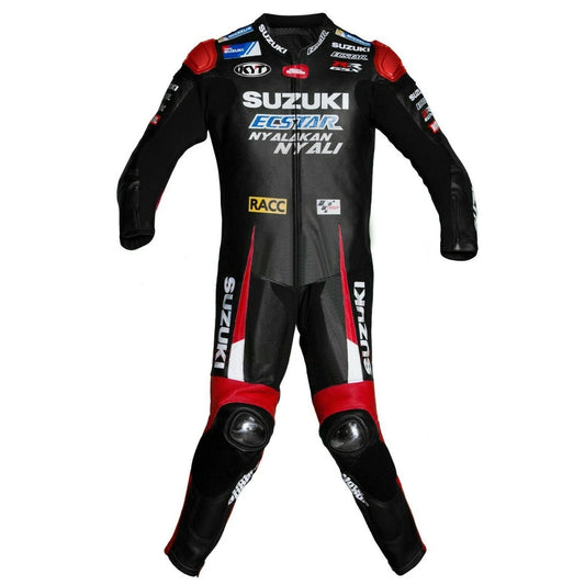Suzuki ECSTAR one-piece leather racing suit in black and red with professional MotoGP armor.