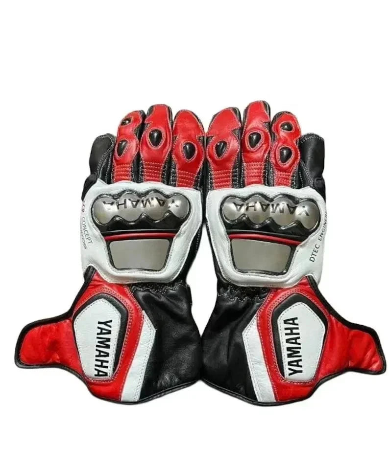 Yamaha factory leather motorcycle racing gloves in black, red, and white with metallic knuckle armor.