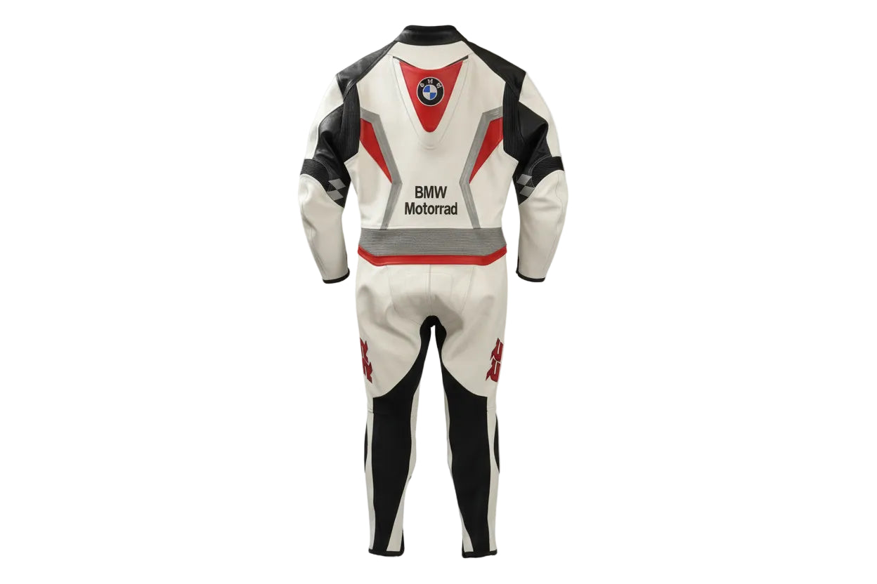 Detailed view of the BMW roundel, perforated leather panels, and 'RR' shoulder graphics on a professional racing suit.
