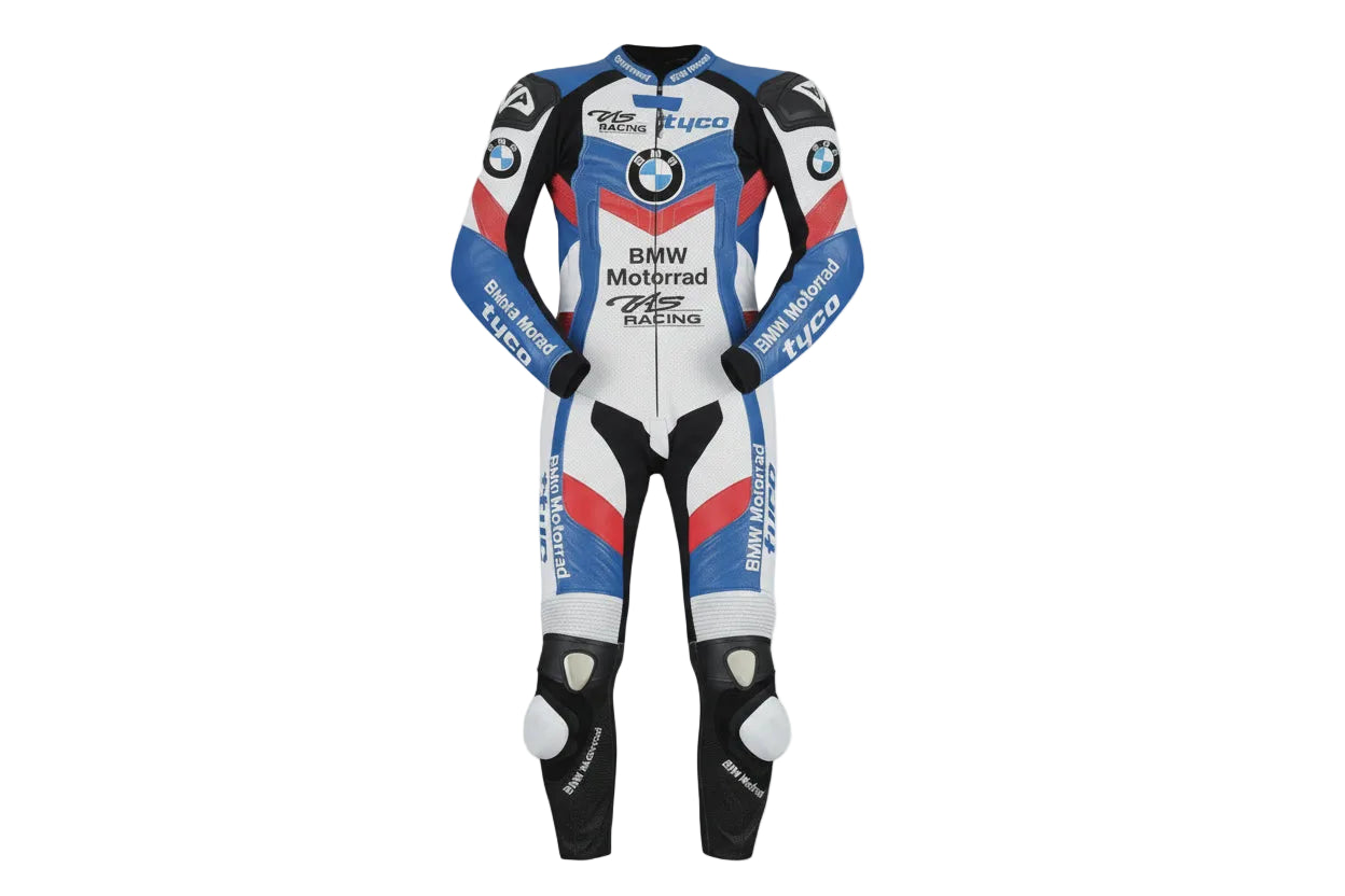 BMW Motorrad TAS Racing white, blue, and red leather motorcycle racing suit with integrated armor and sponsor logos.