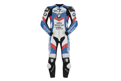 BMW Motorrad TAS Racing white, blue, and red leather motorcycle racing suit with integrated armor and sponsor logos.