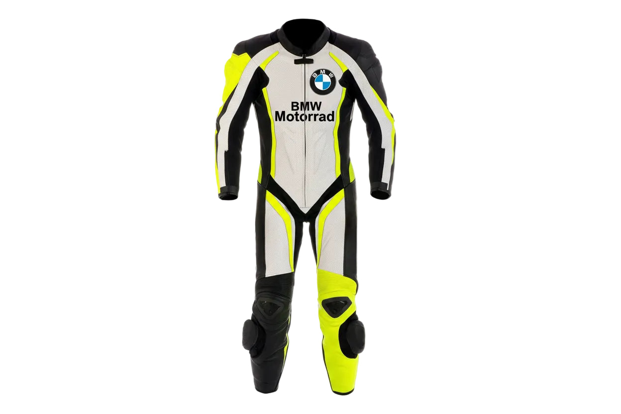 BMW Motorrad white, black, and neon yellow leather motorcycle racing suit with integrated armor and factory logos.