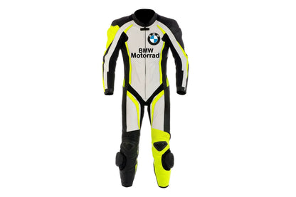 BMW Motorrad white, black, and neon yellow leather motorcycle racing suit with integrated armor and factory logos.