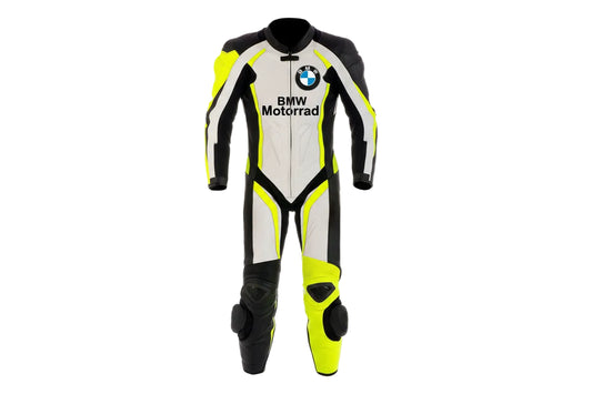 BMW Motorrad white, black, and neon yellow leather motorcycle racing suit with integrated armor and factory logos.