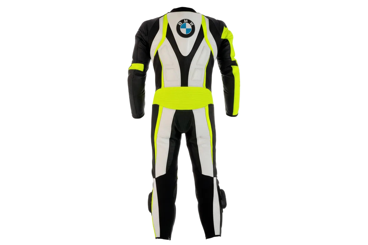 Detailed view of the BMW Motorrad chest branding, neon yellow high-visibility panels, and black accordion stretch sections on a racing suit.