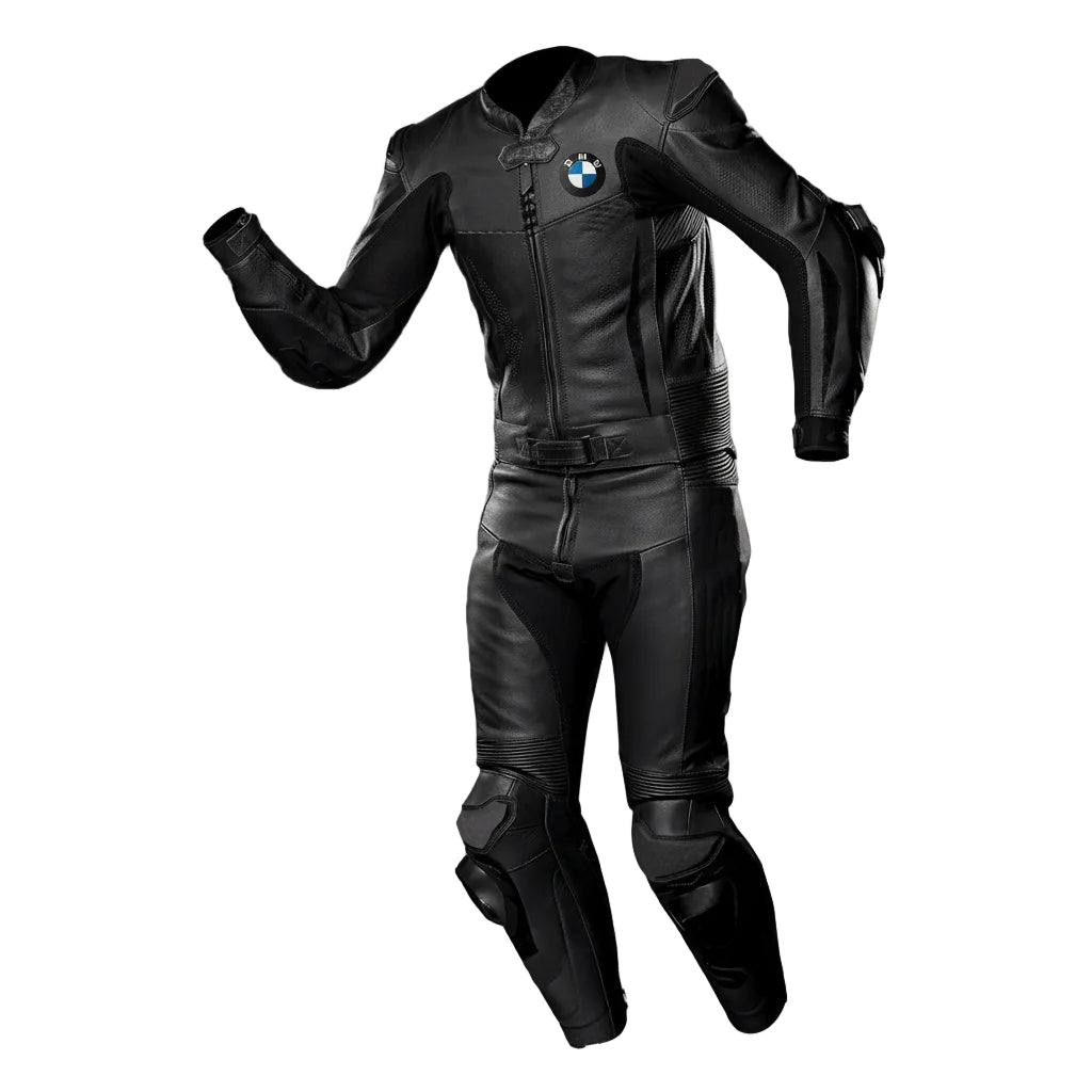 BMW Motorrad triple black leather motorcycle racing suit with integrated armor and BMW roundel logo.
