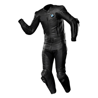 BMW Motorrad triple black leather motorcycle racing suit with integrated armor and BMW roundel logo.