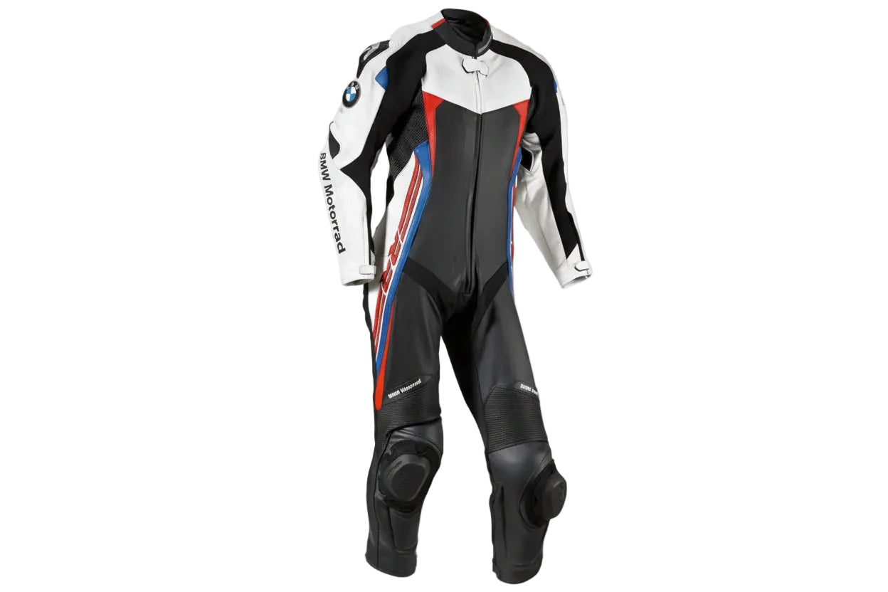 BMW Motorrad white, black, red, and blue leather motorcycle racing suit with integrated armor and factory logos.