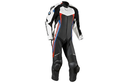 BMW Motorrad white, black, red, and blue leather motorcycle racing suit with integrated armor and factory logos.
