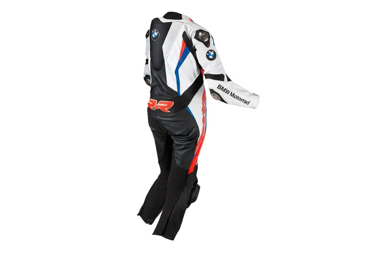 Detailed view of the BMW roundel, perforated leather panels, and BMW Motorrad forearm branding on a professional racing suit.
