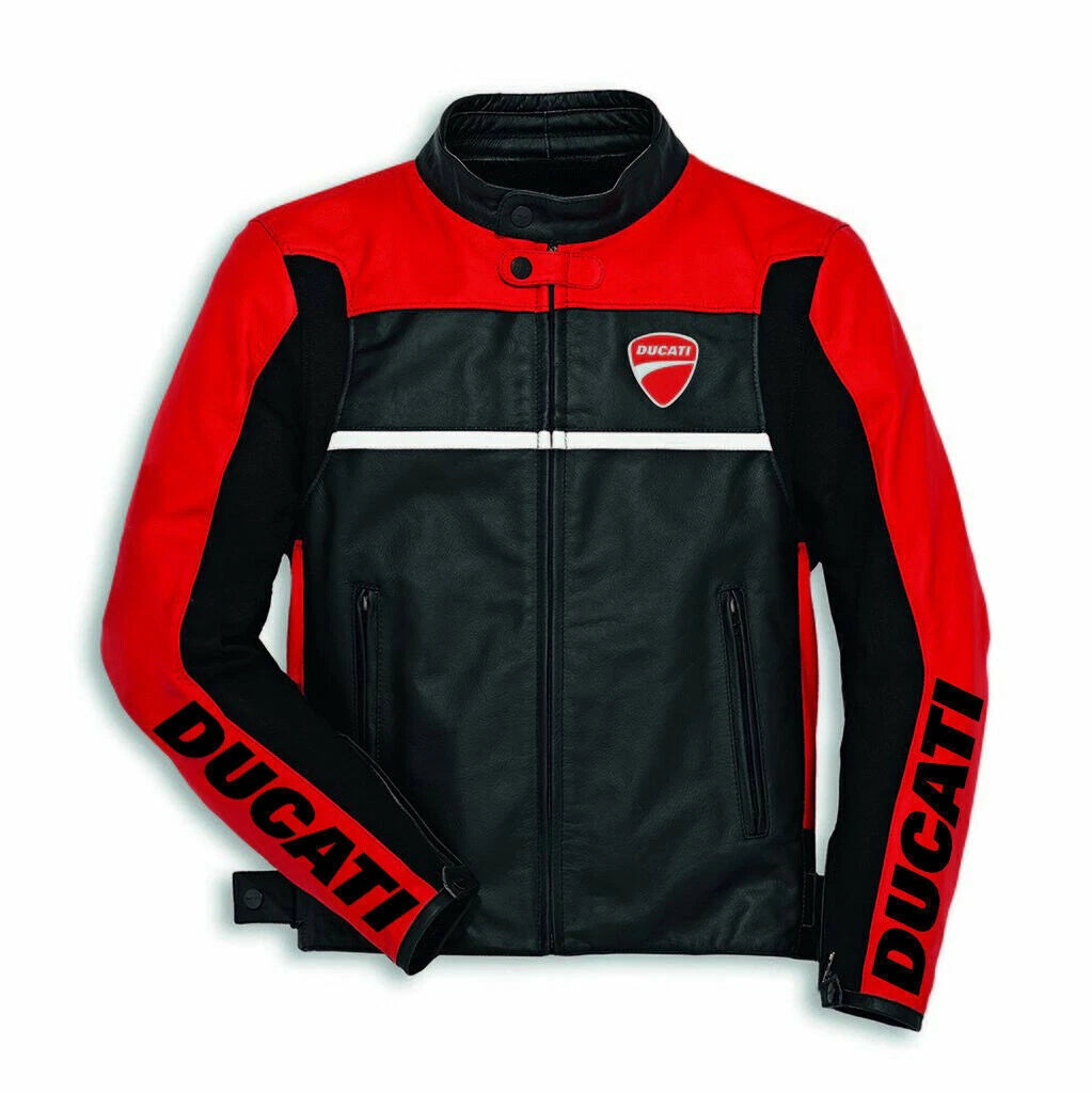 Ducati Corse black and red motorcycle racing jacket with integrated armor and team logos.