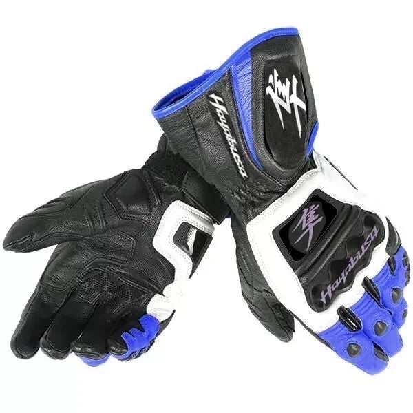 Suzuki Hayabusa leather motorcycle racing gloves in blue and white with Kanji branding and knuckle armor.